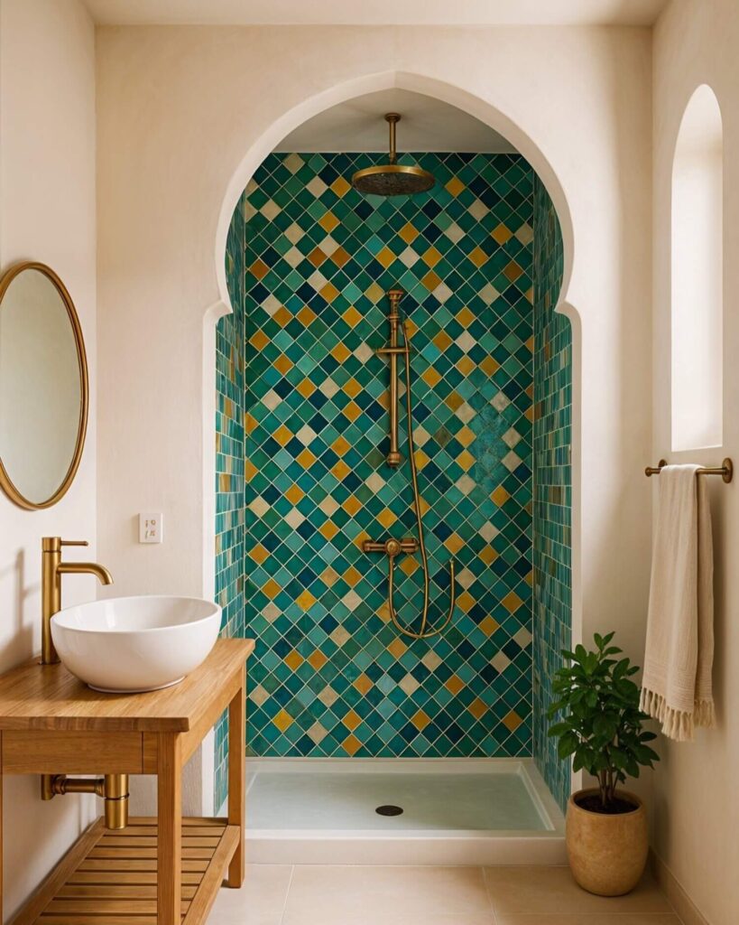 Modern bathroom with an arched, colorful shower tiled with a zellige mosaic. Features golden fixtures, a wooden vanity with a vessel sink, a round mirror, and a potted plant.