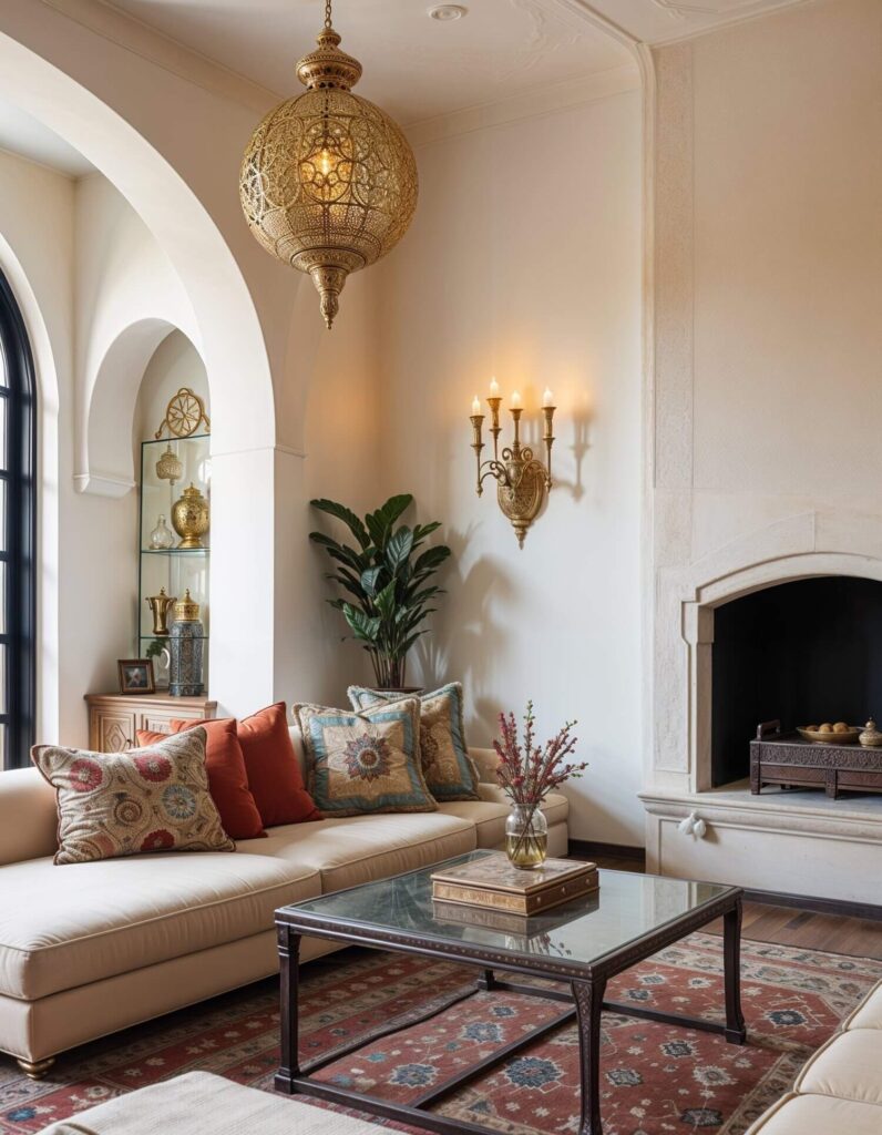 Elegant North African style living room featuring beige sofas with patterned cushions, a glass coffee table on a textured rug, ornate gold pendant, and candles by a fireplace.