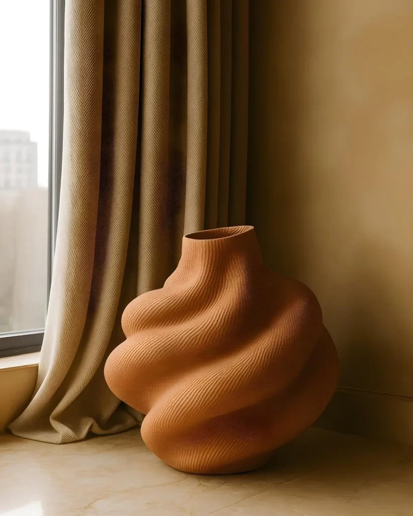 A large, floor-standing, terracotta-colored Yoomelingah woven vase with a distinctive, deeply spiraled, wavy texture, set by a window with tan curtains.