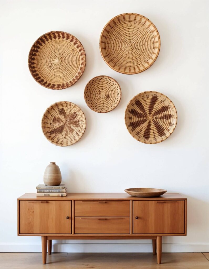 Wall displays five African woven wall baskets above a sleek, wooden sideboard. A ceramic vase and books sit atop, creating a minimalist, rustic decor.
