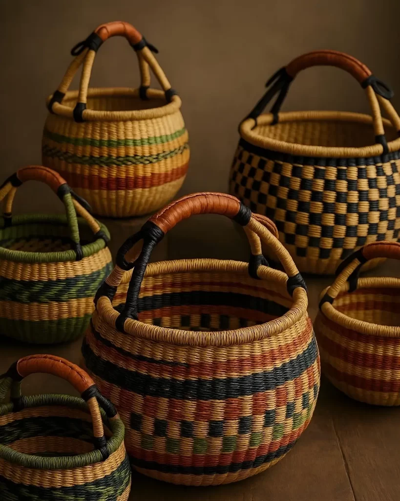 A stylized arrangement of six round Bolga baskets of various sizes, featuring checkered and striped patterns in green, tan, black, and orange, all with leather handles.