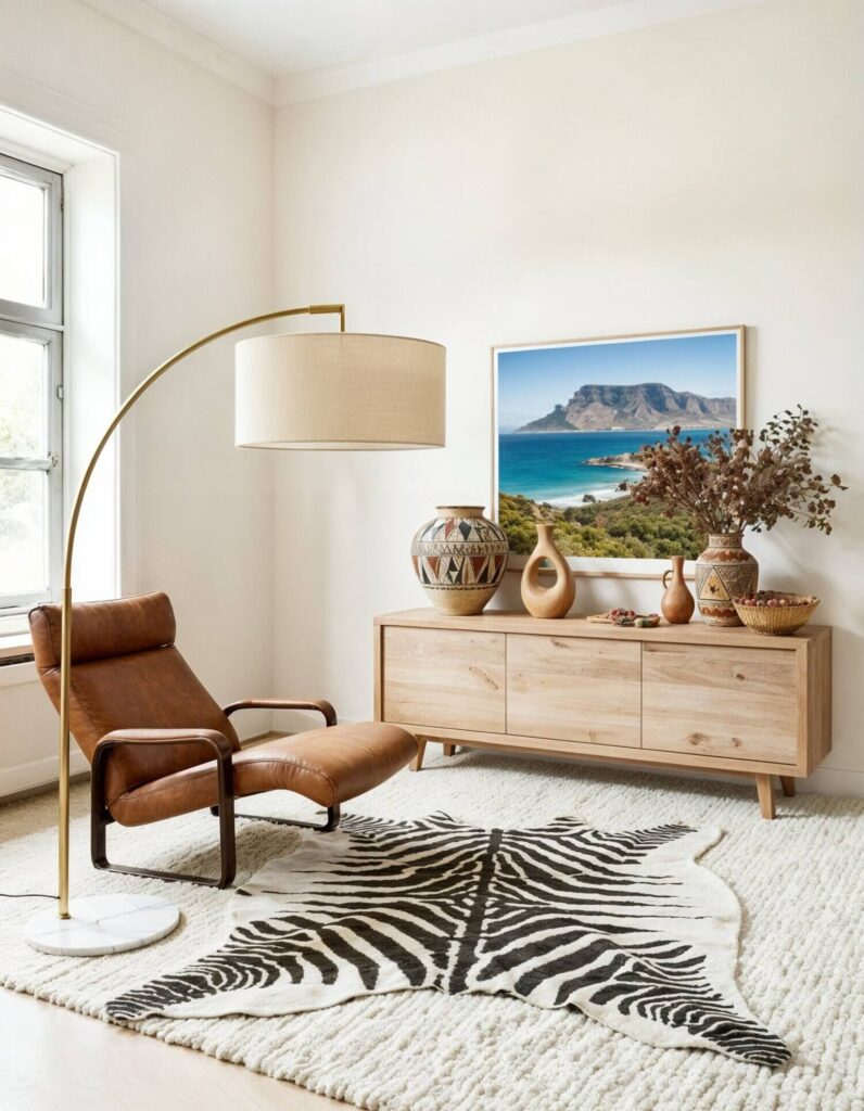 A cozy South African-style home featuring a reading space with a brown leather chair, an arched floor lamp, and a zebra-patterned rug on a white carpet. A wooden sideboard with vases and a landscape painting adds warmth.