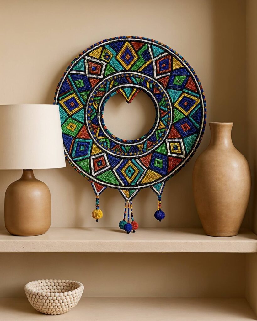 A colorful, circular South African beadwork art piece with geometric patterns hangs between two vases on a beige shelf. The atmosphere is calm and artistic.