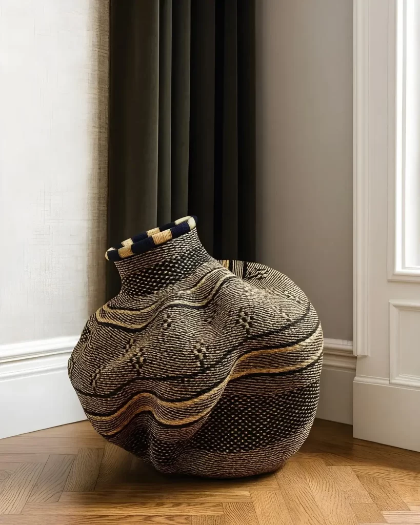 home decor showpieces: a large wavy art basket from Ghana in a vase shape sitting on a wooden floor