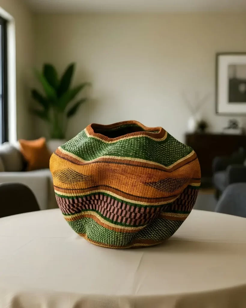 a beautiful oversized wavy pot basket on a table in a living room