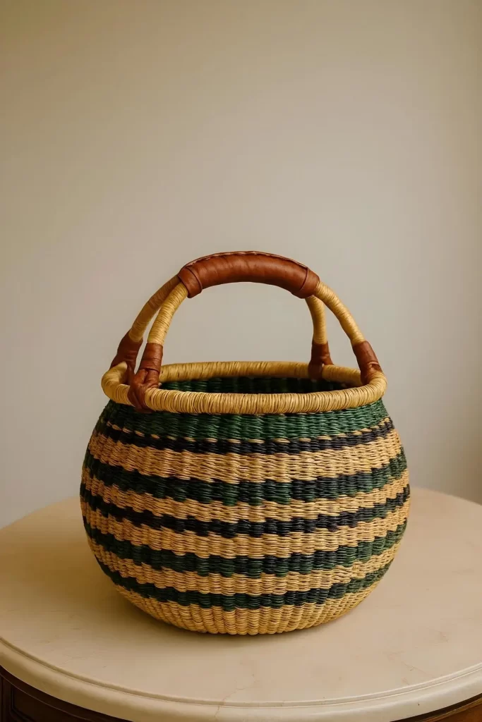 A traditional round Bolga basket with a leather-wrapped handle, featuring alternating horizontal stripes of natural tan, green, and dark brown.
