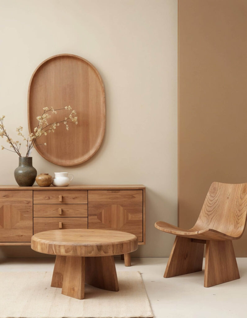 A minimalist room with wooden furniture made in Africa, including a chair, circular table, and sideboard. A vase with branches decorates the sideboard. Neutral tones create a calm atmosphere.