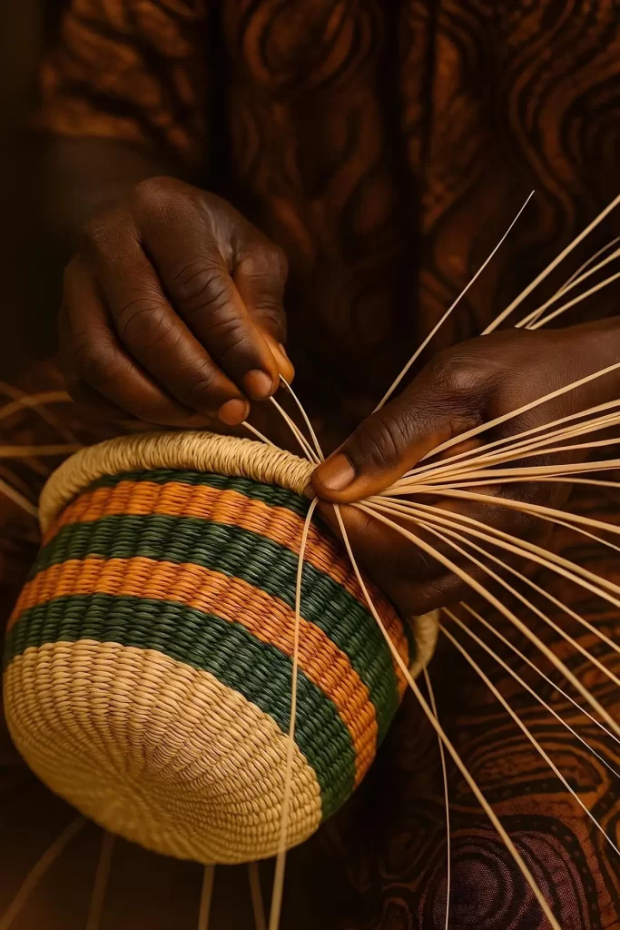 Close-up shot of dark-skinned hands weaving a small, round Bolga basket with tan, orange, and green stripes using natural fibers.