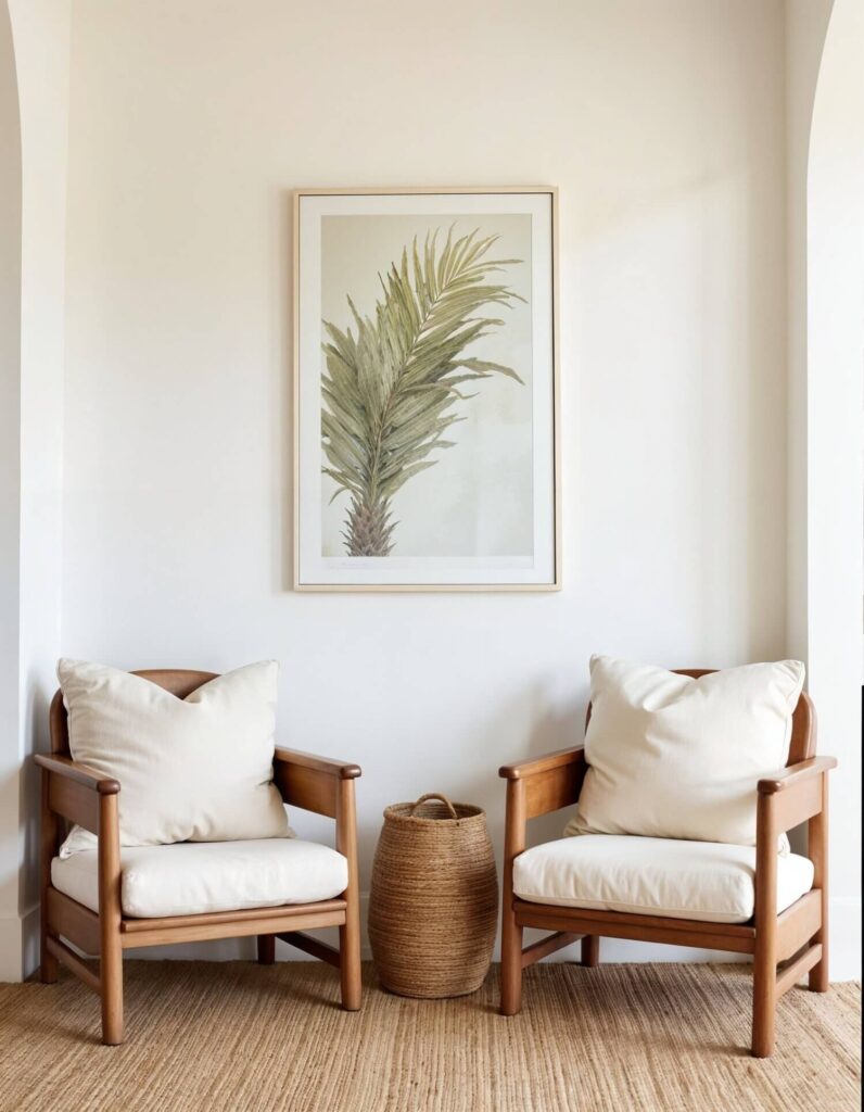 Two wooden chairs with white cushions face each other in a cozy coastal nook. Centered above is a framed palm leaf print. A woven basket sits in between. Neutral and serene.