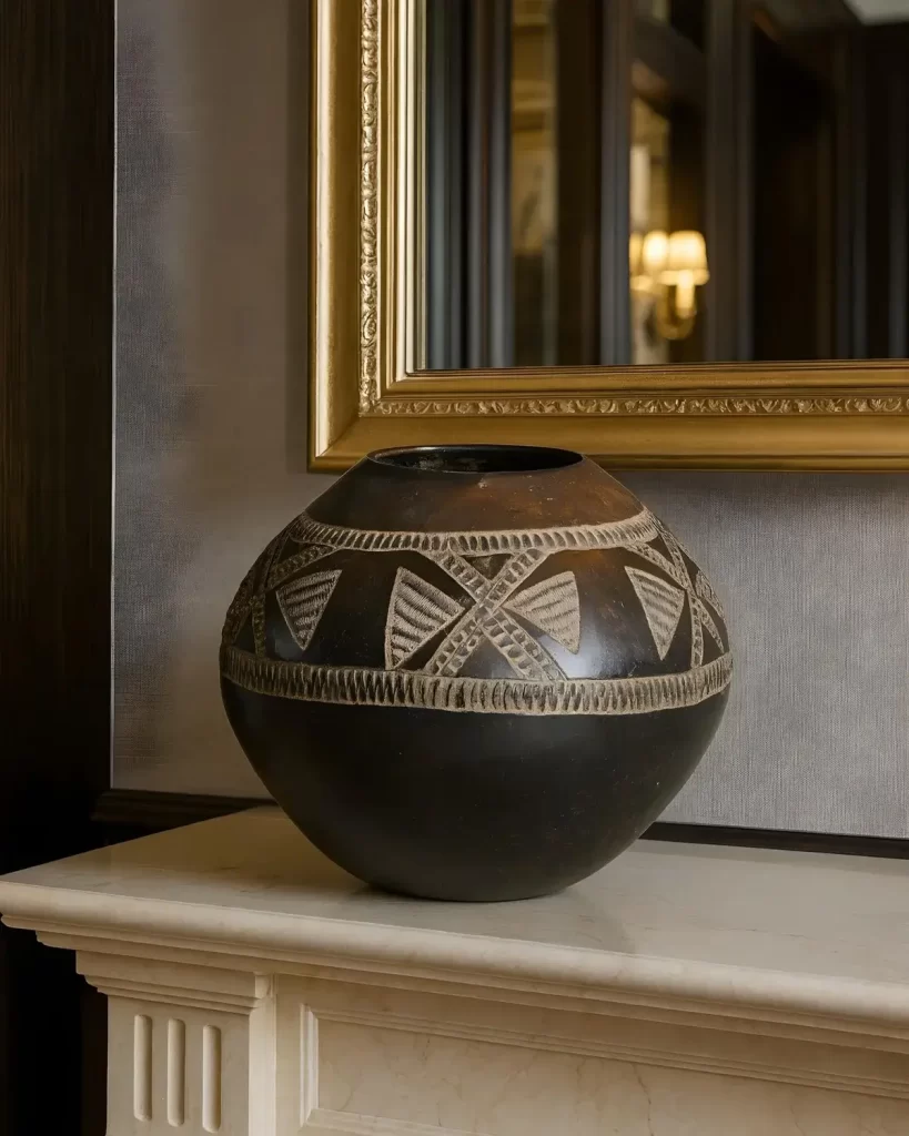 A statement zulu pot, also known as Ukhamba, on a chimney mantel