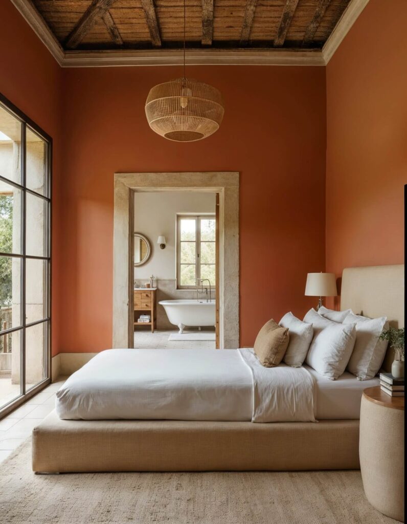 A warm west African bedroom with terracotta walls features a bed with white linens and beige pillows. A rustic chandelier hangs above. Through a doorway, a bathroom with a freestanding tub is visible, enhancing the cozy, serene atmosphere.
