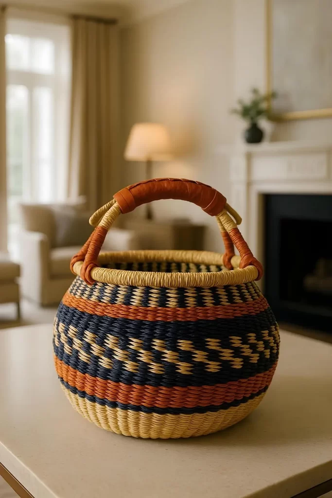 A round, vibrant Bolga basket with a tan leather handle, featuring patterns in natural tan, navy blue, and orange, set on a table in a living room.