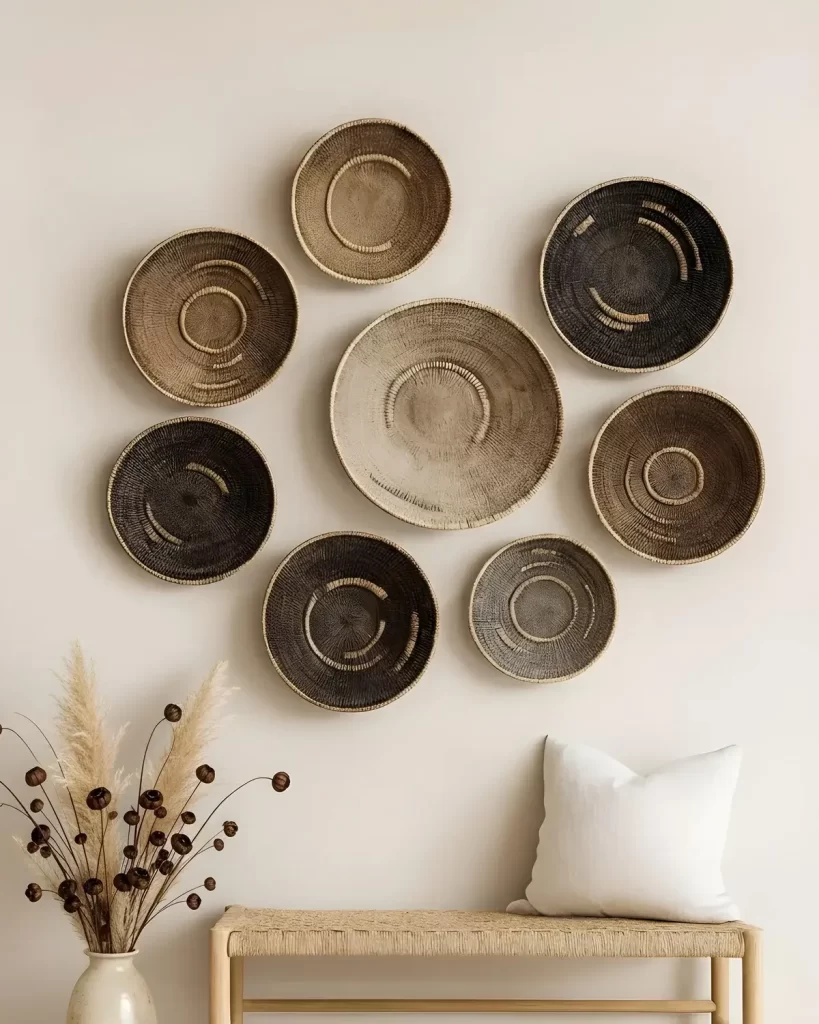 Home decor showpieces: a enchanting assortment of Makenge wall baskets hanged over a woven cane bench next to a vase with a dry arrangement in it