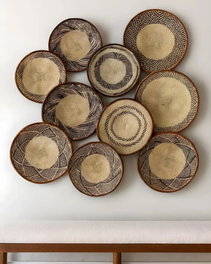 a wall with a gorgeous assortment of Tonga baskets mounted on it