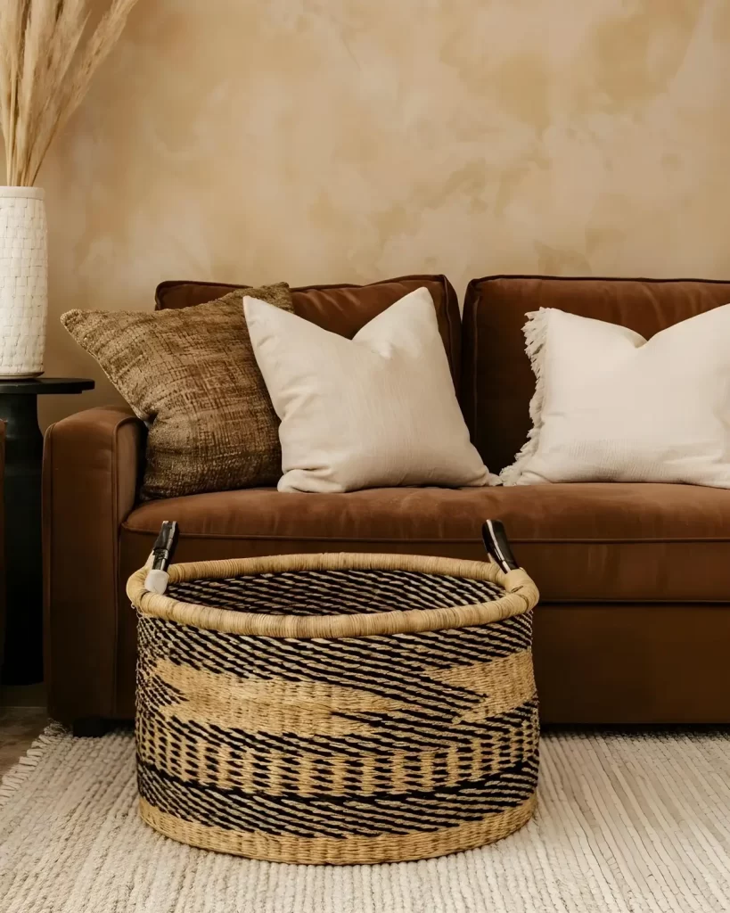 Large, open Bolga baskets storage bin with tan and black patterns, placed on a light rug in front of a cozy brown velvet sofa.
