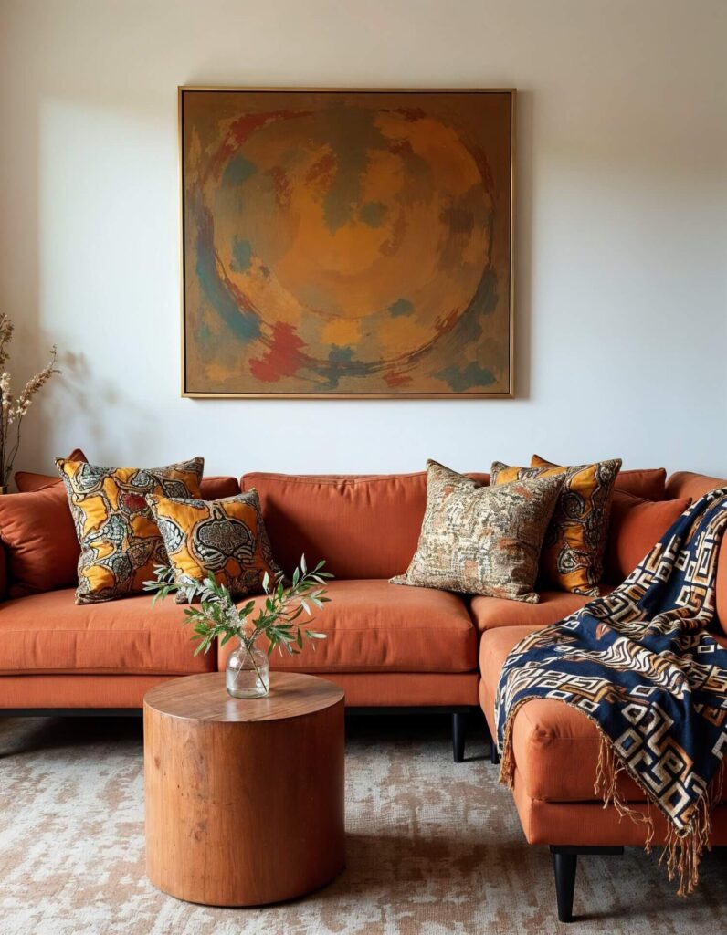A warm, inviting west African-style home's living room with an orange sectional sofa adorned with pillows patterned with African print textiles and a geometric blanket. A wooden round table with a vase of greenery sits in front. An abstract painting in warm tones hangs above, complementing the cozy atmosphere.