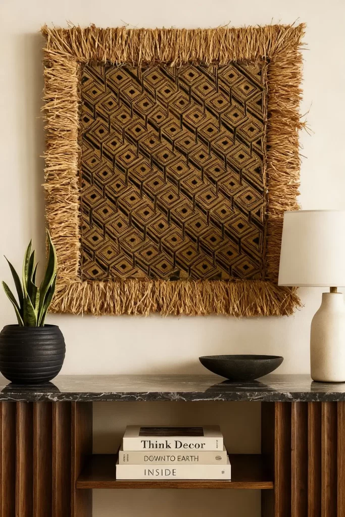 Wall art: framed kuba cloth with geometric pattern and fringed border above a console table. Decor includes a black vase with a plant, books, a bowl, and a white lamp. Cozy and modern aesthetic. Stunning home decor showpiece