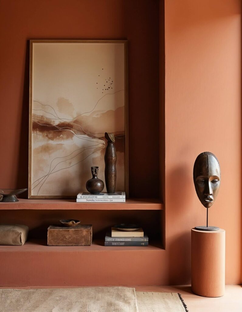 Cozy room with earthy tones features a landscape painting, sculptures on shelves, and a West African wooden mask on a stand. Warm, inviting and artistic ambiance.