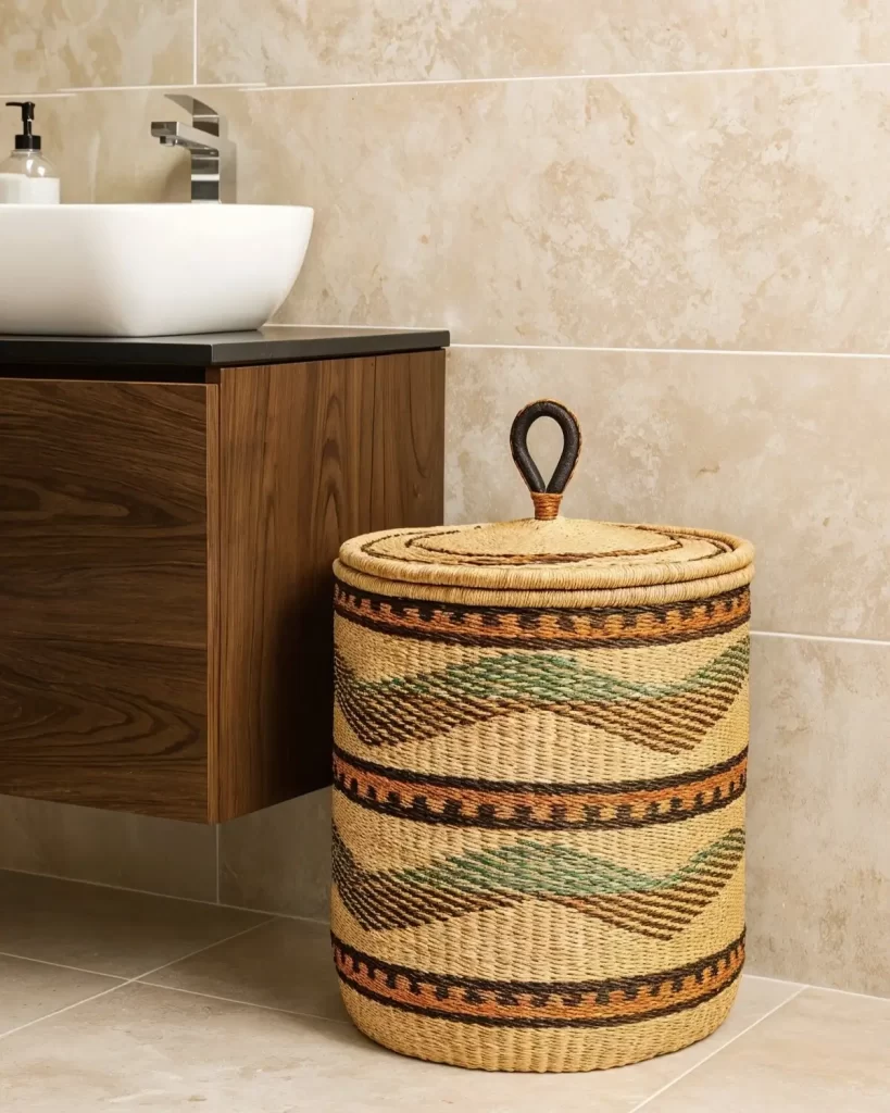 Tall, cylindrical Bolga baskets laundry hamper with lid and green, orange, and dark brown zig-zag stripes, sitting in a modern bathroom.