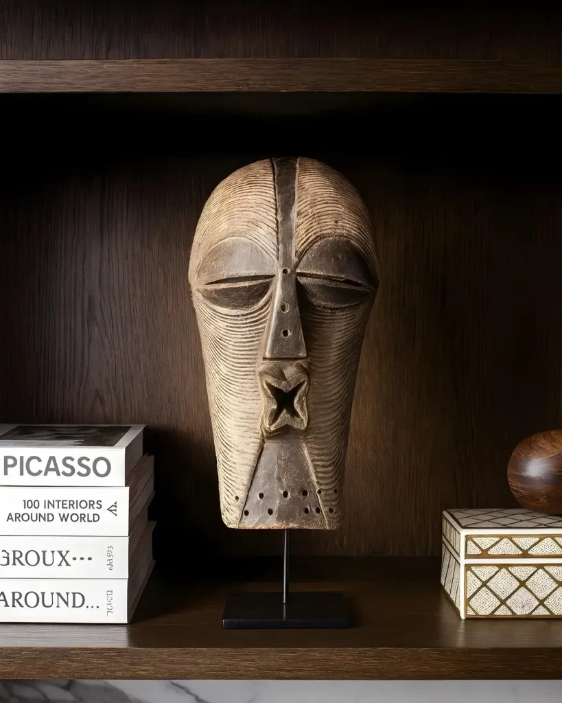 Wooden African Songye mask displayed on a dark wooden shelf, flanked by art books on the left and a decorative box on the right, conveying a cultural and artistic atmosphere.