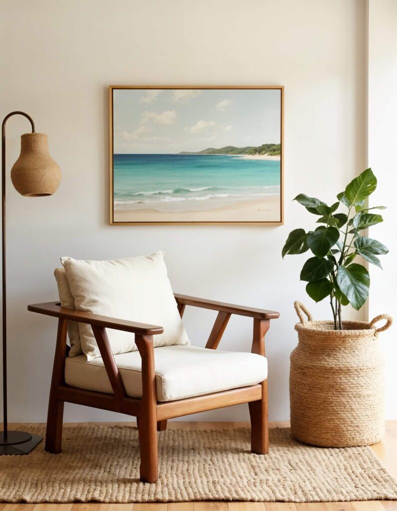 Cozy coastal room with a wooden armchair and white cushions on a textured rug. A coastal painting hangs on the wall. A floor lamp and tall potted plant add warmth.