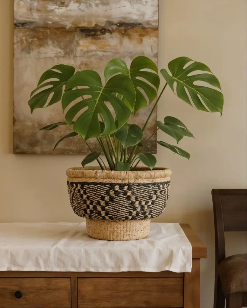 A vibrant Monstera deliciosa plant housed in a two-tiered woven drum planter with a diamond checker pattern, sitting on a wooden cabinet.