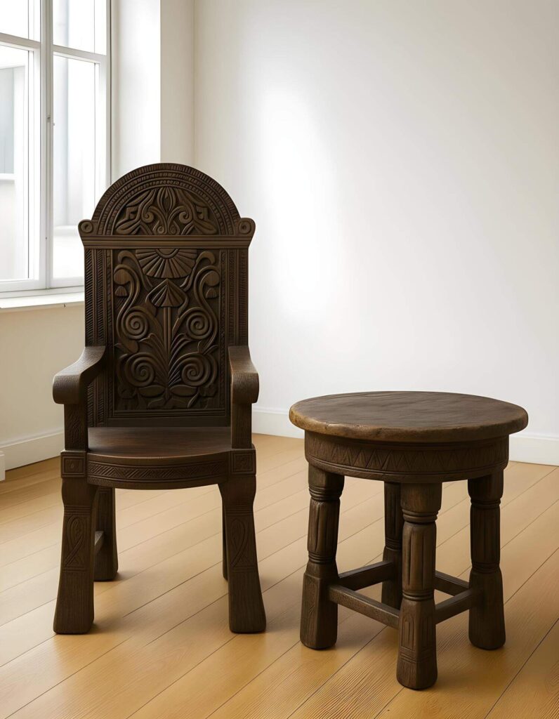 Ornately carved Ethiopian dark wooden chair and round table in a sunlit room with light wood flooring. The intricate designs evoke a sense of elegance and tradition.