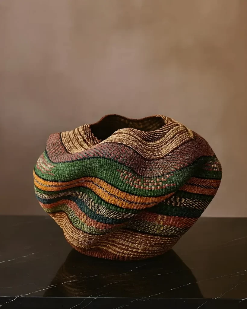 A close-up of a colorful Ayeratukko basket with a wavy shape and woven with natural, green, gold, and earthy-red fibers, sitting on a black marble surface.