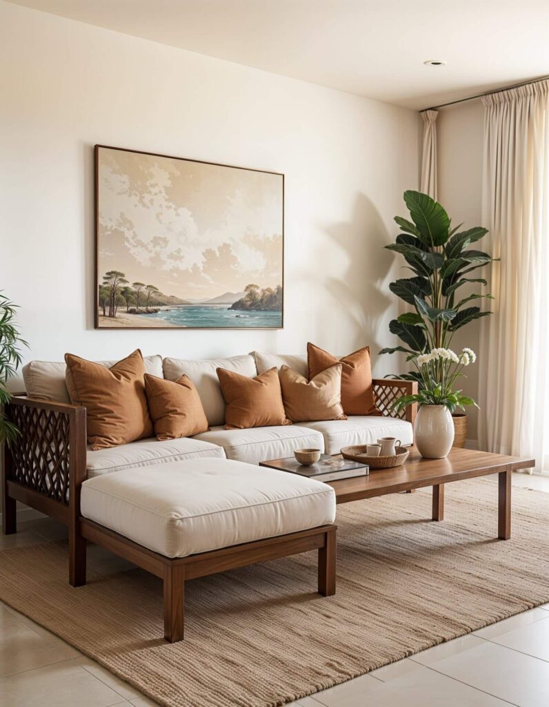 A cozy East African-style home, showcasing a living room that features a white sofa with brown pillows, a wooden coffee table, and lush green plants. A calming seascape painting adorns the wall.