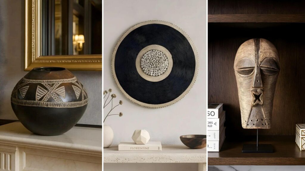 African home decor showpieces: a zulu pot on a mantle, a textured beaded shield with concentric circles, and a Songye mask on a shelf. Earthy tones convey a cultural and artistic vibe.