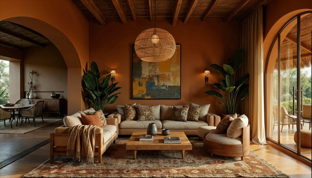 Warm-toned African-style home with elegant decor. Beige sofas, earthy cushions, large abstract painting, wooden coffee table, and lush plants create a cozy ambiance. A dining room can be seen in the back on the left, and a terrace sits behind a tall glass window on the right.