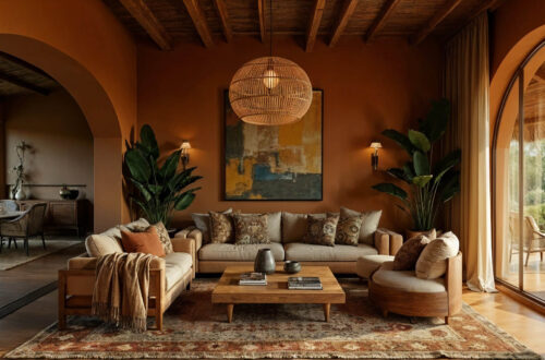 Warm-toned African-style home with elegant decor. Beige sofas, earthy cushions, large abstract painting, wooden coffee table, and lush plants create a cozy ambiance. A dining room can be seen in the back on the left, and a terrace sits behind a tall glass window on the right.