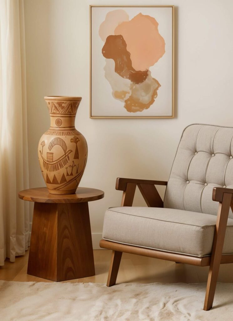 A cozy, modern room with a beige armchair beside a wooden table holding a large ancient Egyptian vase. Above is a framed abstract art piece in soft earth tones.