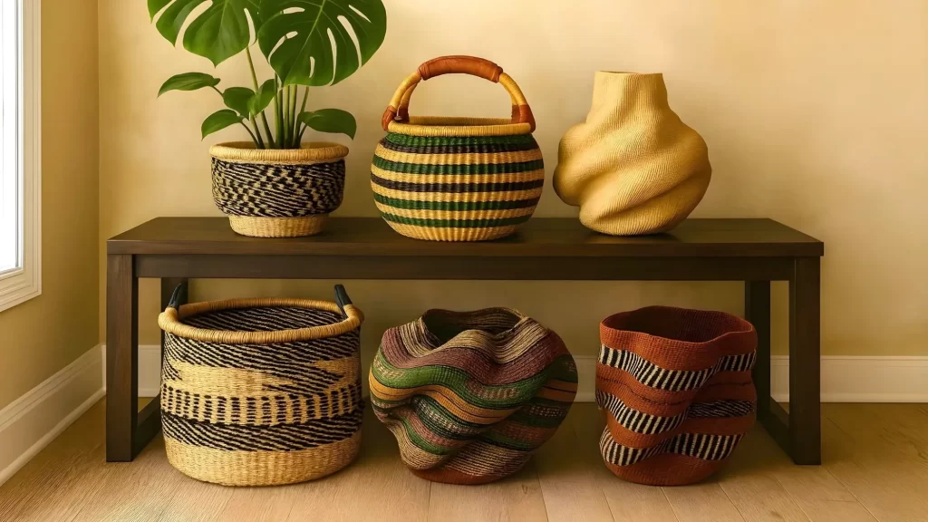 A styled vignette of six woven bolga baskets on and below a dark wooden bench, shot under soft studio lighting.