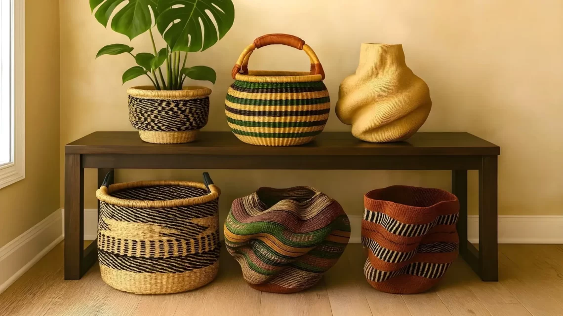 A styled vignette of six woven bolga baskets on and below a dark wooden bench, shot under soft studio lighting.