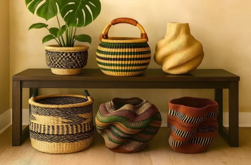 A styled vignette of six woven bolga baskets on and below a dark wooden bench, shot under soft studio lighting.