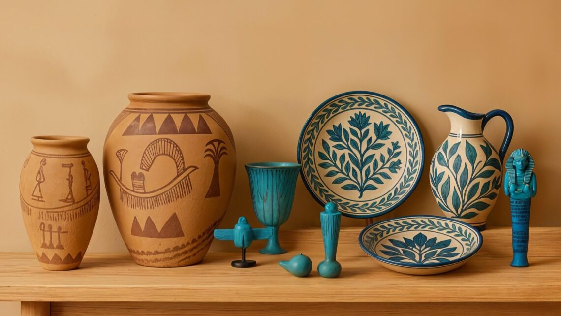 A gorgeous collection of Egyptian ceramics on a wooden bench against a beige background. Features include ancient Egyptian pottery with hand-drawn motifs, handpainted Fayoum pottery plates and jugs, an small Egyptian Faience pieces, evoking a rustic, cultural ambiance.