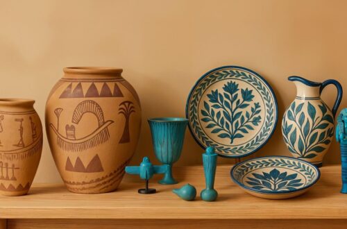 A gorgeous collection of Egyptian ceramics on a wooden bench against a beige background. Features include ancient Egyptian pottery with hand-drawn motifs, handpainted Fayoum pottery plates and jugs, an small Egyptian Faience pieces, evoking a rustic, cultural ambiance.