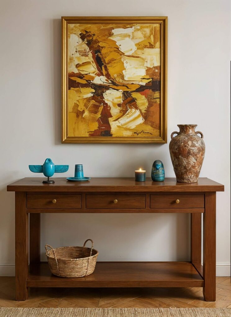 A wooden console table with brass-handled drawers features a large textured vase, teal candle, and Egyptian ceramic faience pieces. A basket below and abstract yellow and brown painting above add warmth and elegance.
