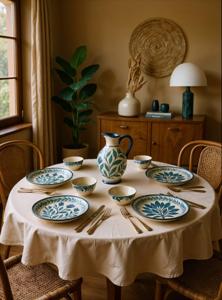 A round table is elegantly set with blue and white floral Fayoum pottery plates, matching bowls, and a large jug. Wooden chairs and a potted plant create a cozy, inviting vibe.