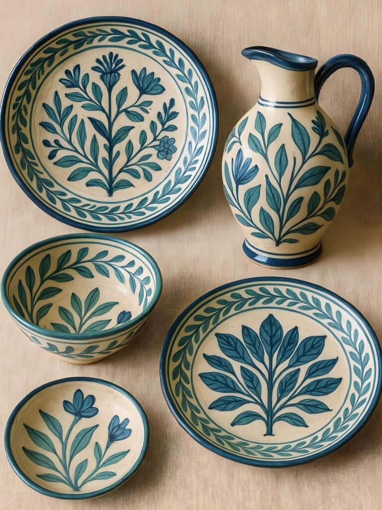 Egyptian ceramics: a set of cream-colored Fayoum pottery featuring blue leaf and flower motifs. Includes bowls, plates, and a jug, all arranged on a beige surface.