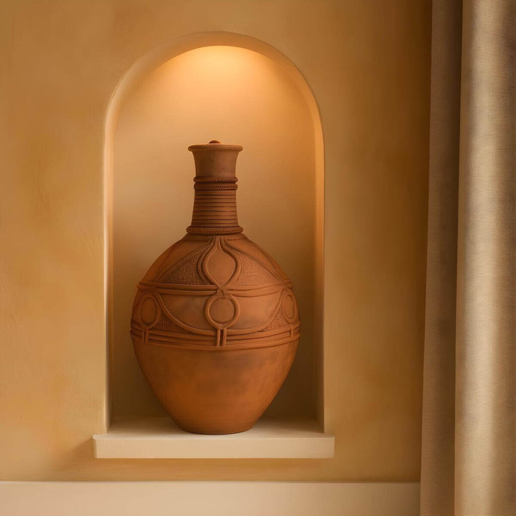 African pottery: Igbo clay vase with intricate patterns sits in a softly lit, arched alcove. The warm hues and subtle lighting create a cozy, rustic ambiance.