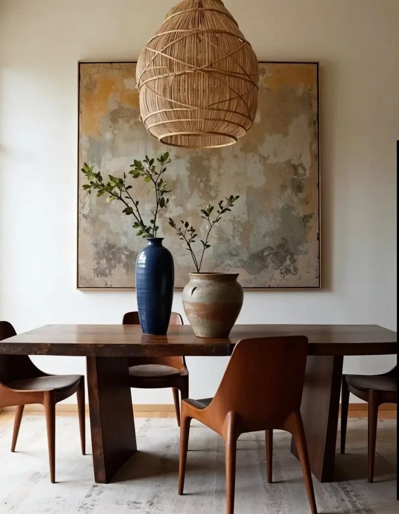 Minimalist dining room table decor with a dark wooden table, tan chairs, a large abstract painting, and two rustic ceramic vases (one large blue, one smaller earth-toned) as the centerpiece under a wicker pendant light.