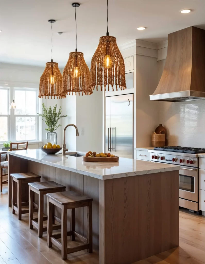 A bright kitchen with a large island and white marble countertop. Three natural woven beaded pendant lights hang over the island, adding a rustic, textured look to the space. White subway tile backsplash and a wood-paneled range hood complete the design.