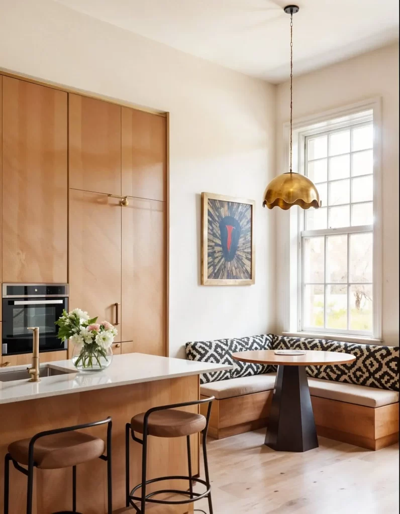 A bright kitchen and dining nook with light wood cabinetry. A single, sculptural brass pendant light with a scalloped edge hangs above the banquette seating area, serving as a decorative focal point next to the large window.