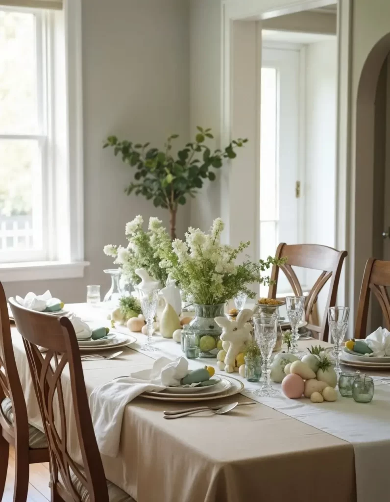 Seasonal Easter dining room table decor featuring light neutral linens, white flowers, crystal glassware, and pastel-colored decorative eggs and ceramic bunnies.
