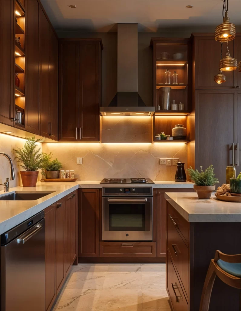 A dark wood kitchen with a sophisticated, moody atmosphere. Kitchen lighting ideas including warm LED strip lighting highlighting the marble backsplash and the shelving inside the upper cabinets, providing both task and decorative illumination, plus small pendant lights hang clustered on the right.