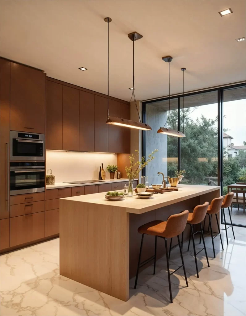A modern kitchen with dark wood cabinets and a light wood island. Two sleek, linear pendant lights with wood accents hang over the island, which is topped with light marble. Recessed ceiling lights and under-cabinet LED strips provide additional warm lighting.