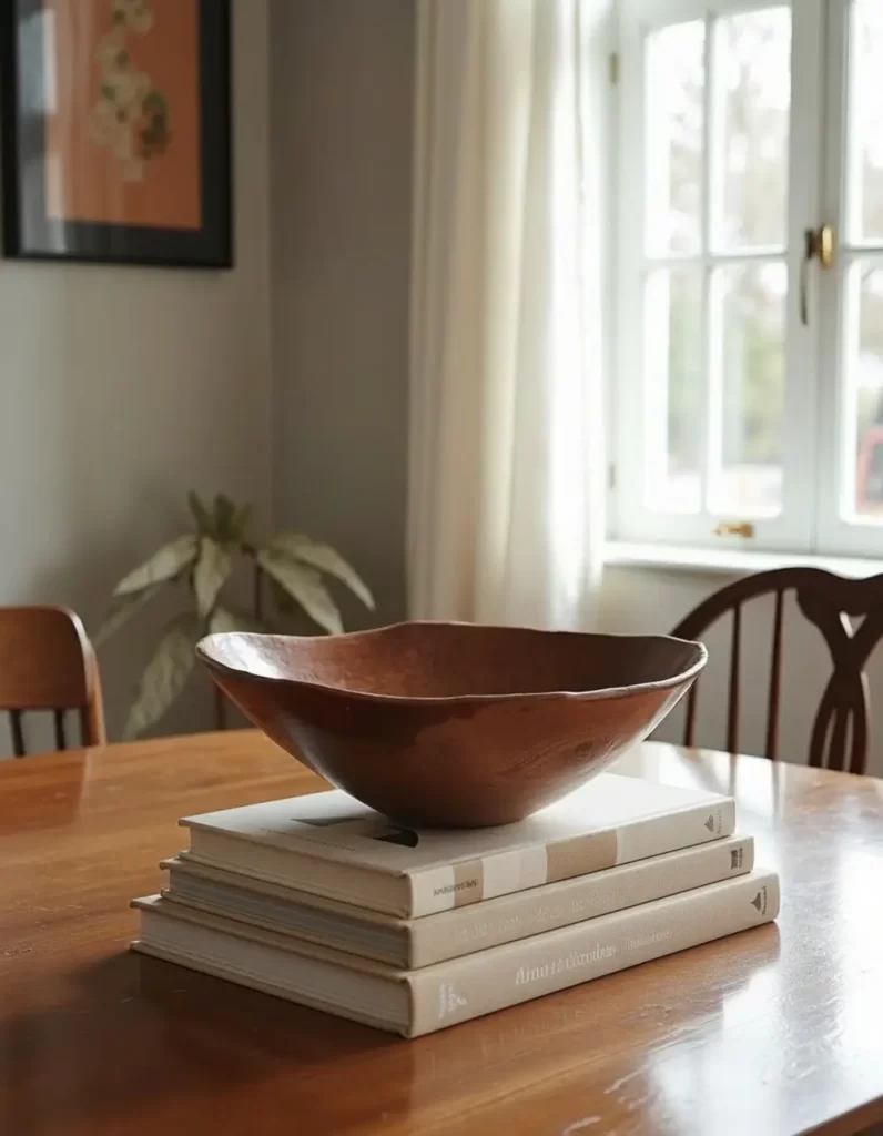 Simple dining room decor featuring a vintage, hand-carved wooden bowl resting on a stack of neutral-toned coffee table books near a sunlit window.