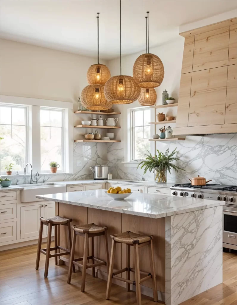 A bright, open-plan kitchen with a large marble island. A cluster of five various-sized woven basket pendant lights hangs over the island, creating a bohemian and textural statement piece. The kitchen features white cabinets and open shelving.
